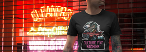 Man in front of shop window wearing a black Culture Pop Machine t-shirt